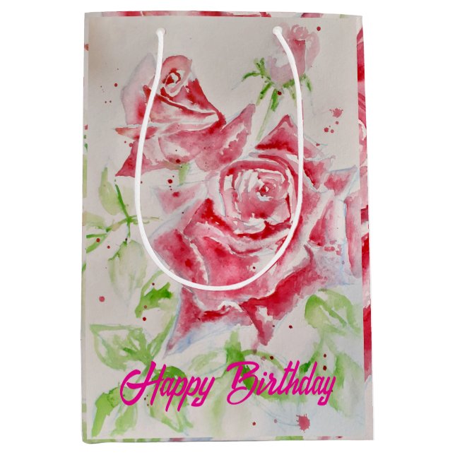 Red Rose Roses Watercolour Flower Floral Pink Medium Gift Bag (Front)