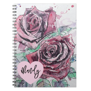 Red Rose Roses Watercolour Flower Woman's Name Notebook