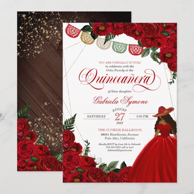 Red Rose Rustic Elegant Western Charra Quinceañera Invitation (Front/Back)