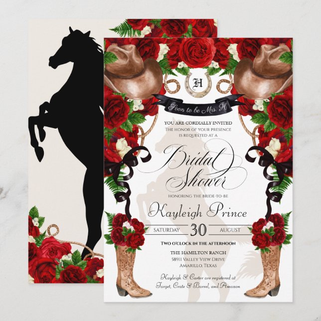 Red Rose Rustic Western Floral Boots Bridal Shower Invitation (Front/Back)