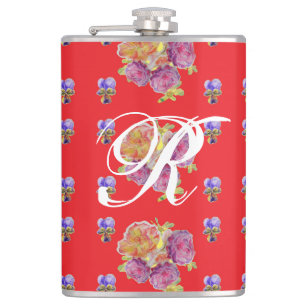Red Rose Shabby Chic Rose Pattern Floral Initial  Hip Flask