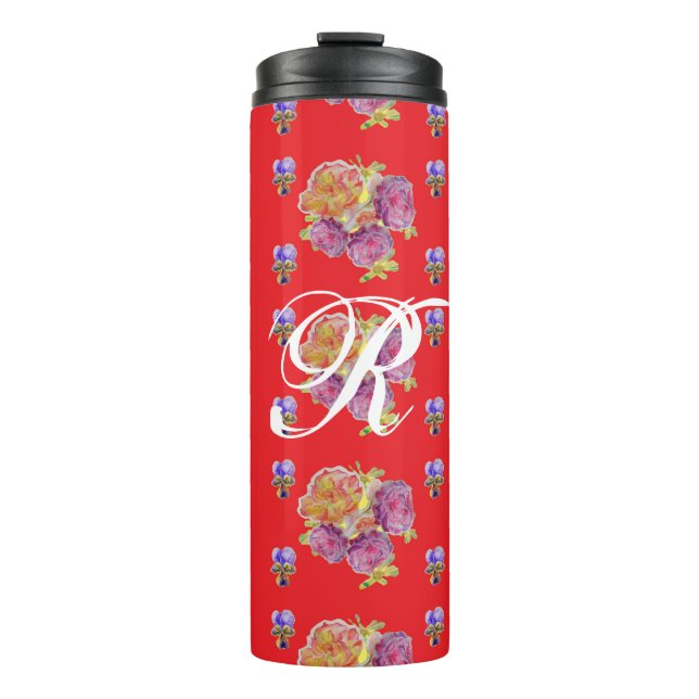 Red Rose Shabby Chic Rose Pattern Floral Initial Thermal Tumbler (Front)
