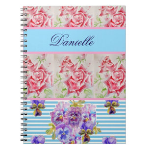 Red Rose Shabby Chic Watercolor Roses Pink Blue Notebook
