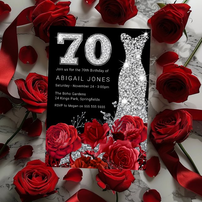 Red Rose Silver Diamond Dress Black 70th Birthday Invitation (Creator Uploaded)