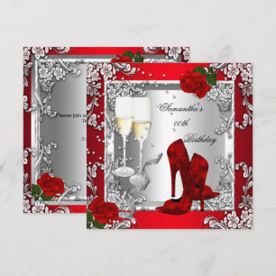 Red Rose Silver High Heel Shoes Any Age Party Invitation