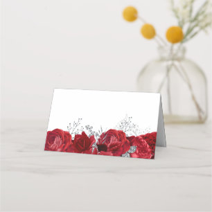 Red Rose & Silver Wedding & Bridal Place Card