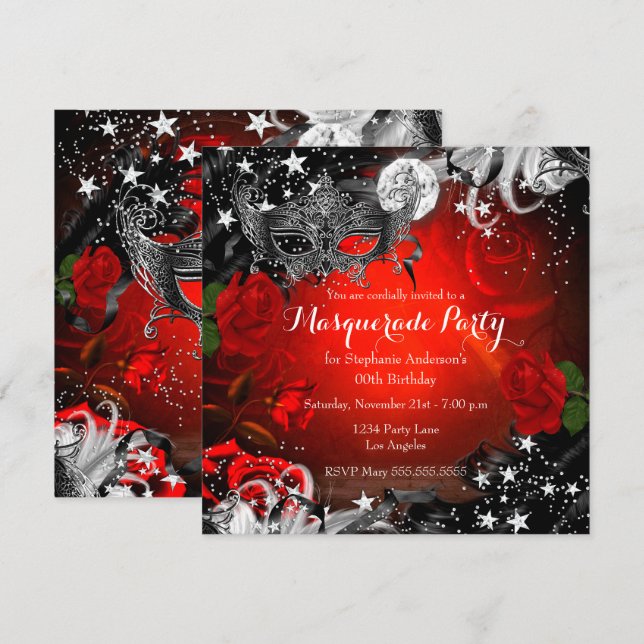 Red Rose Sparkle Magical Night Masquerade Party Invitation (Front/Back)