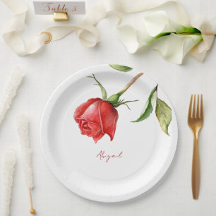 Red Rose Stem Personalized Name Bridal Shower Paper Plate