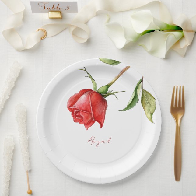 Red Rose Stem Personalized Name Bridal Shower Paper Plate (Wedding)