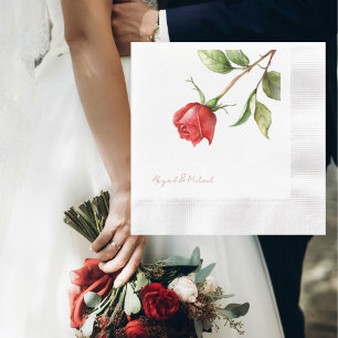 Red Rose Stem Personalized Names Coined Wedding Napkin