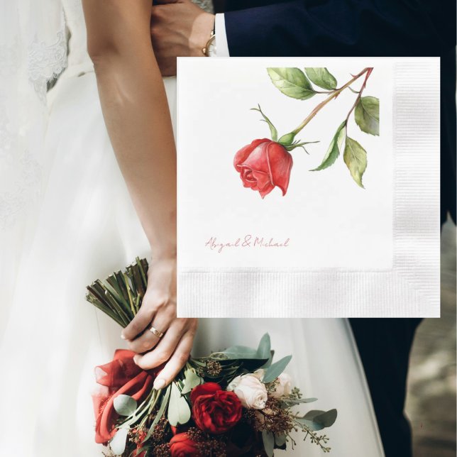 Red Rose Stem Personalized Names Coined Wedding Napkin (Creator Uploaded)
