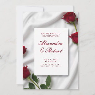 Red Rose Stem White Silk Wedding Invitation