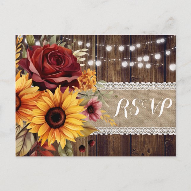 Red Rose Sunflower Rustic Wedding RSVP Postcard (Front)
