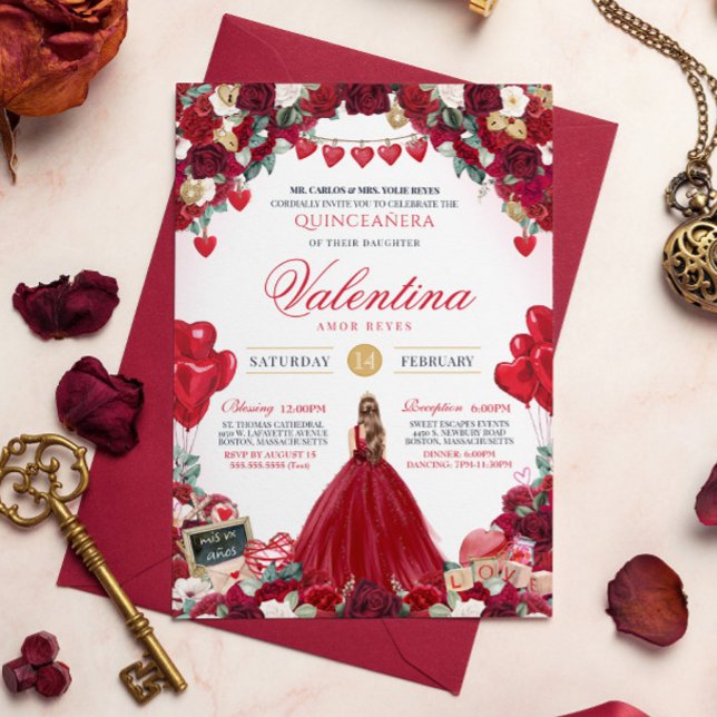 Red Rose Sweet 15 Valentine's Quinceanera  Invitation (Creator Uploaded)