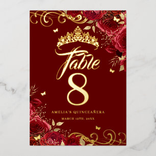 Red Rose Swirl Quinceanera Gold Table Number 