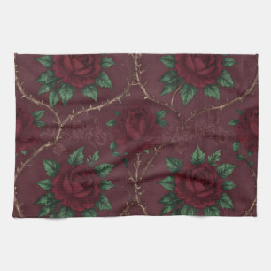 Red Rose Thorn Wreath Pattern Kitchen Towel