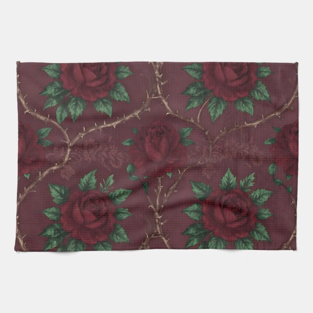 Red Rose Thorn Wreath Pattern Kitchen Towel (Horizontal)