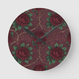 Red Rose Thorn Wreath Pattern Round Clock