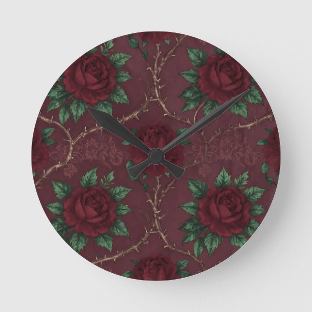 Red Rose Thorn Wreath Pattern Round Clock (Front)