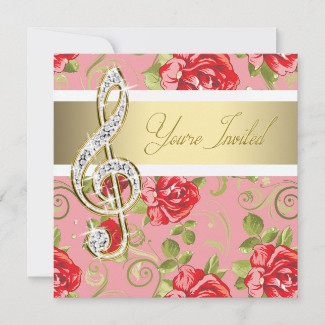 Red Rose Treble Clef Recital Invitation (Front)