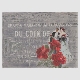 Red Rose Vintage Couple French Typography Collage  Tissue Paper