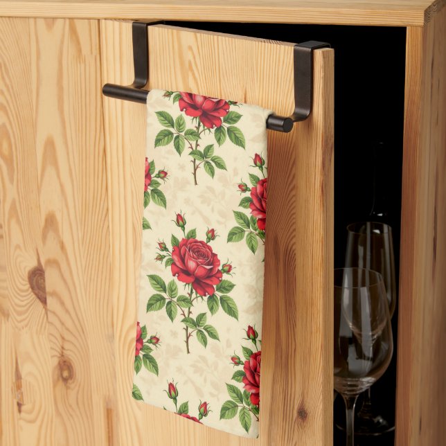 Red rose vintage pattern kitchen towel (Thirds Fold)