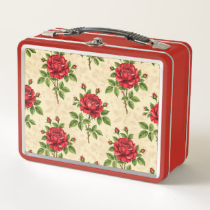 Red rose vintage pattern metal lunch box