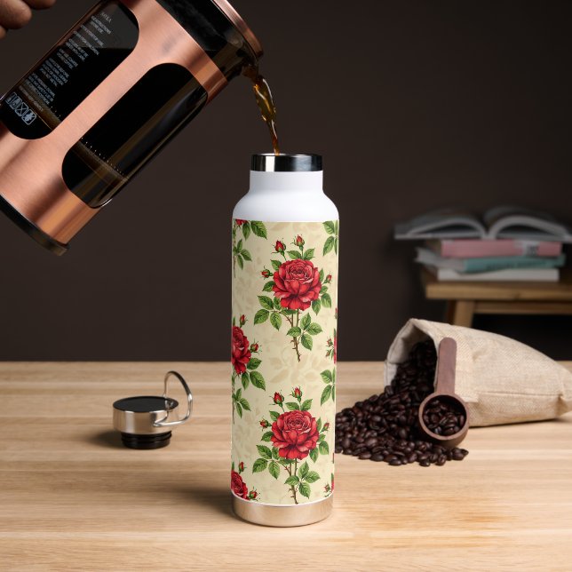 Red rose vintage pattern water bottle (Coffee (Rotated))