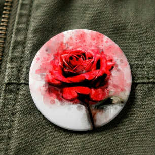 Red Rose Watercolor Art on White Background 6 Inch Round Button