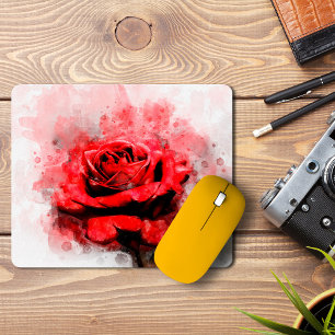 Red Rose Watercolor Art on White Background Mouse Pad