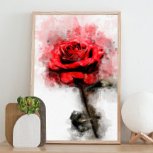 Red Rose Watercolor Art on White Background