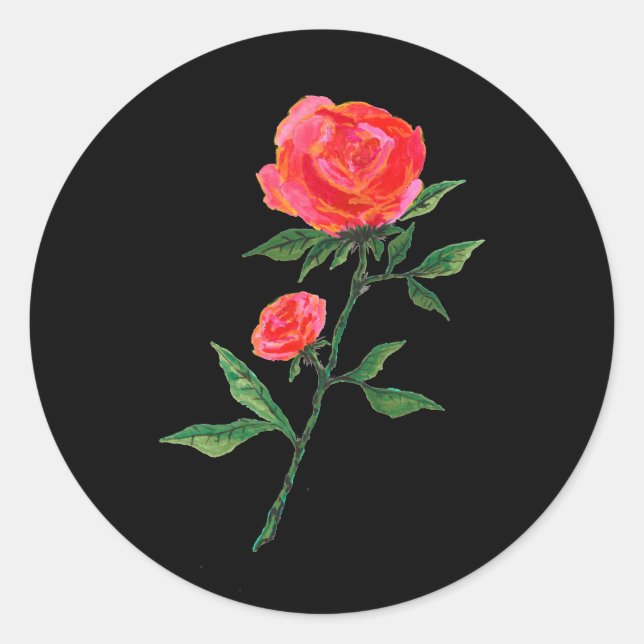 Red Rose Watercolor Black Classic Round Sticker (Front)