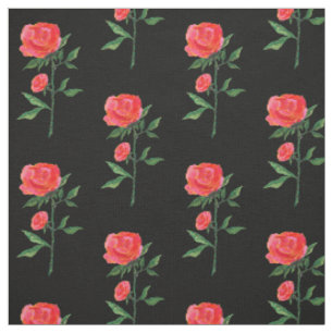 Red Rose Watercolor Black Fabric