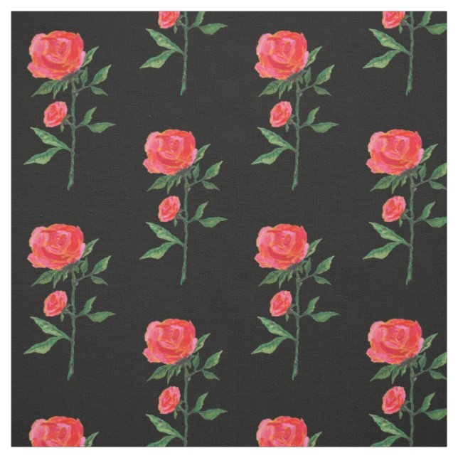 Red Rose Watercolor Black Fabric (Swatch)