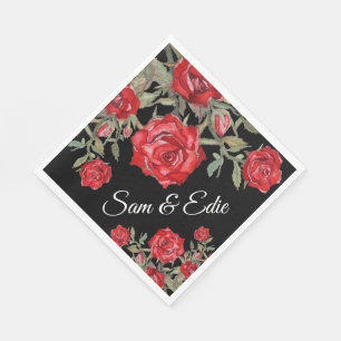 Red Rose Watercolor Floral Wedding Elegant Name Napkin