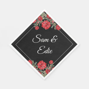 Red Rose Watercolor Floral Wedding Elegant Name Napkin