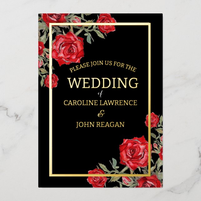 Red Rose Watercolor Floral Wedding  Foil Holiday Card (Front)