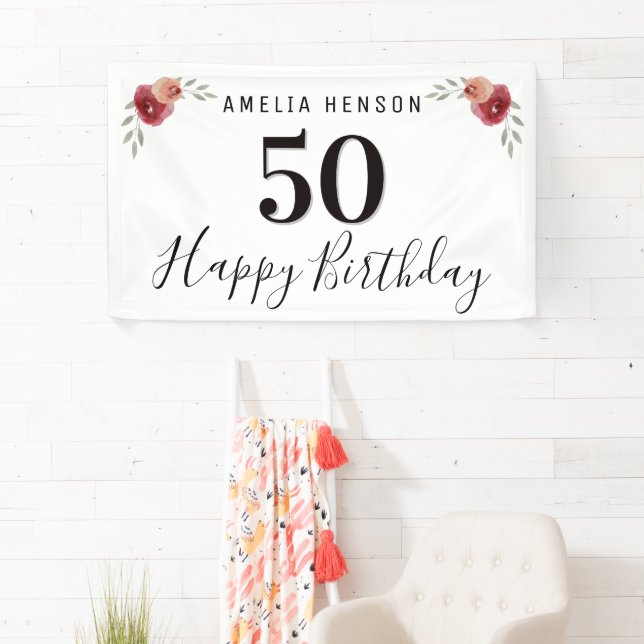 Red Rose Watercolor Flower Floral 50th Birthday Banner (Insitu)