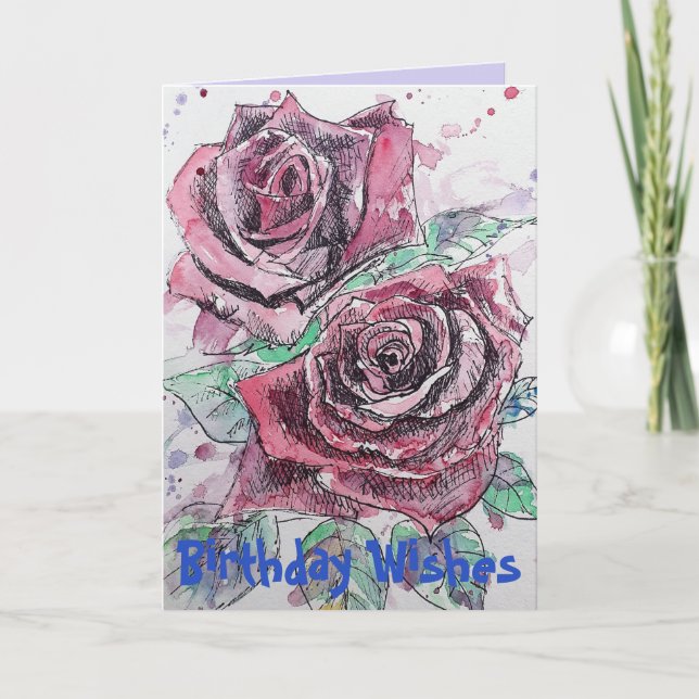 Red Rose Watercolor Flower Floral Birthday Card (Front)