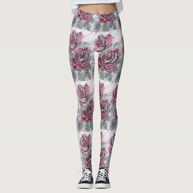 Red Rose Watercolor Flower Red Floral Leggings (Front)