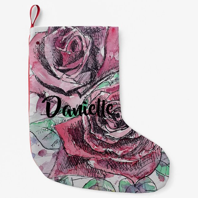 Red Rose Watercolor Flowers Floral Name Stocking (Front)