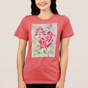 Red Rose Watercolor Flowers Floral Painting Roses Tri-Blend Shirt