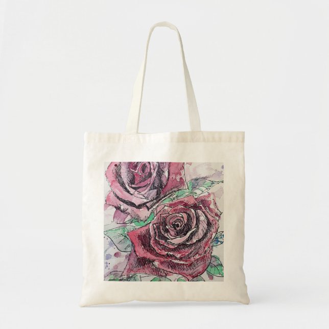 Red Rose Watercolor Flowers Floral Painting Tote Bag (Front)