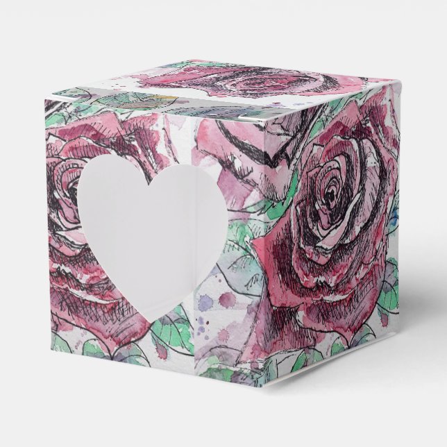 Red Rose Watercolor Party Heart Cake Favour Box (Front Side)