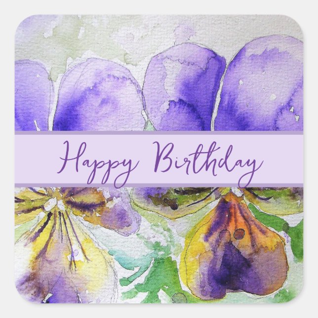 Red Rose Watercolor Roses Happy Birthday Square Sticker (Front)