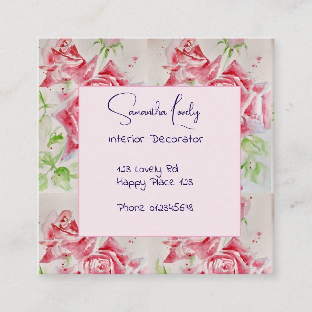 Red Rose Watercolor Roses Square St Enclosure Card (Front)