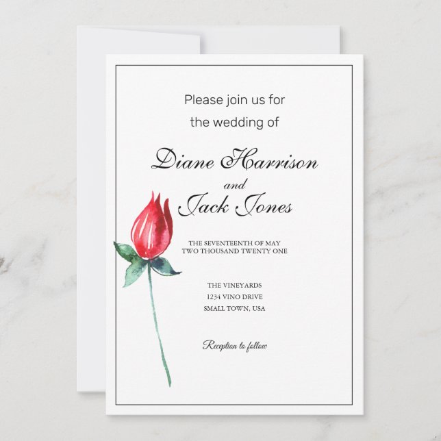 Red Rose Watercolor Stem Wedding Invitations (Front)
