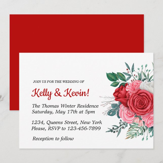 Red Rose Watercolor Wedding  Invitation (Front/Back)
