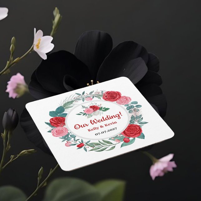 Red Rose Watercolor Wedding  Square Paper Coaster (Creator Uploaded)