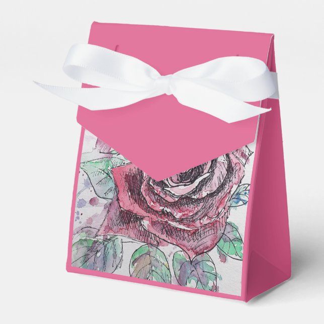 Red Rose Watercolour and Ink Party Cake Favor Box (Front Side)